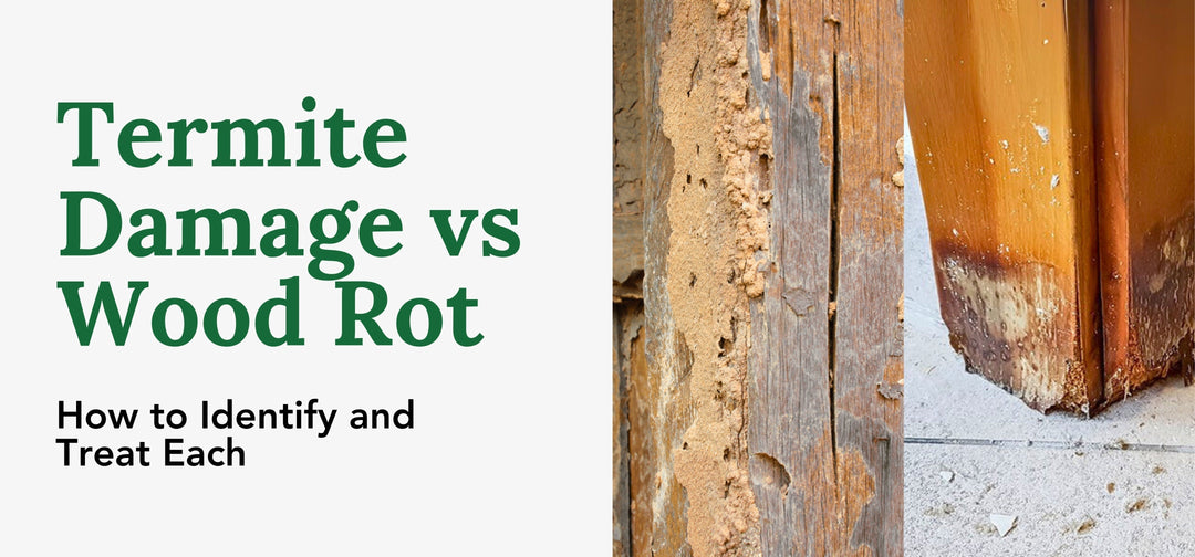 Image showing two different wood posts suffering from termite damage and wood rot, respectively.