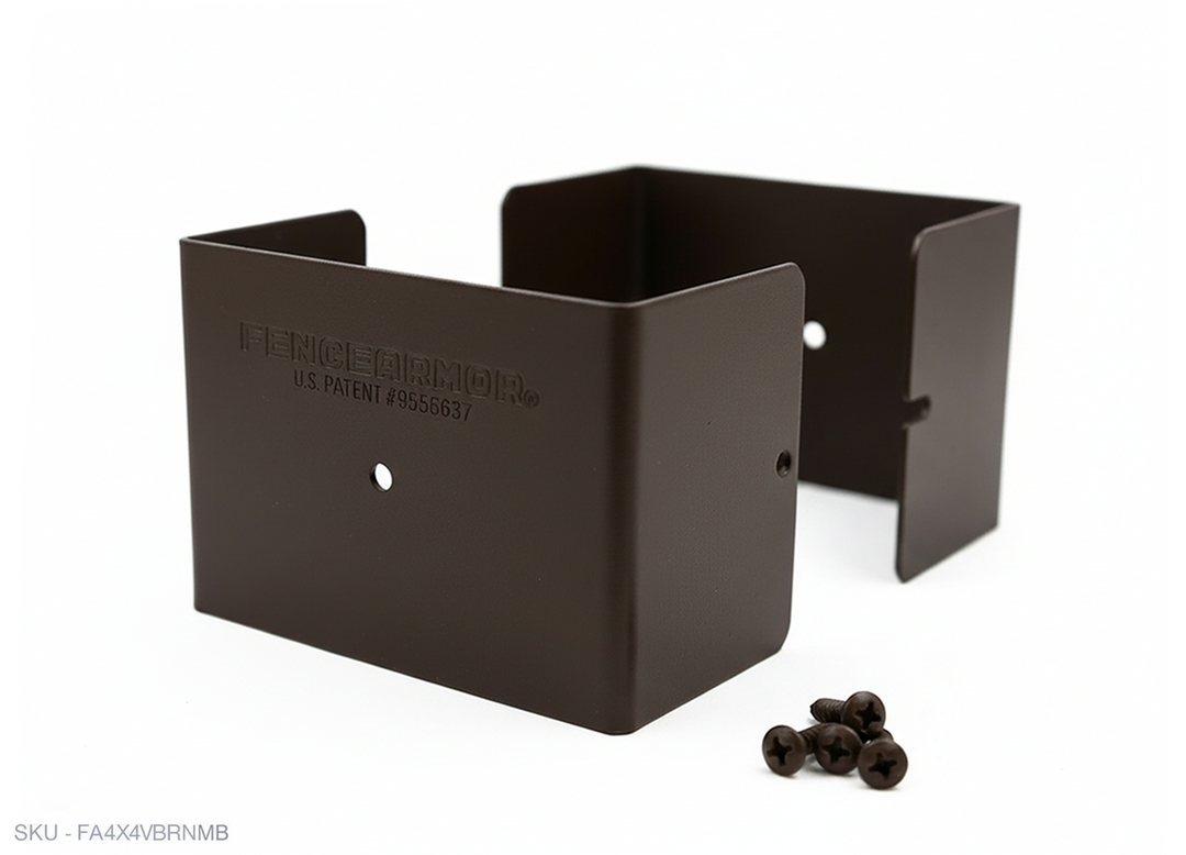 Fence Armor® Full-Protection Post Guard Fence Post Guard – Full Protection Steel Shield for Wood Posts 4.00˝ x 4.00˝ / Brown Fence Armor