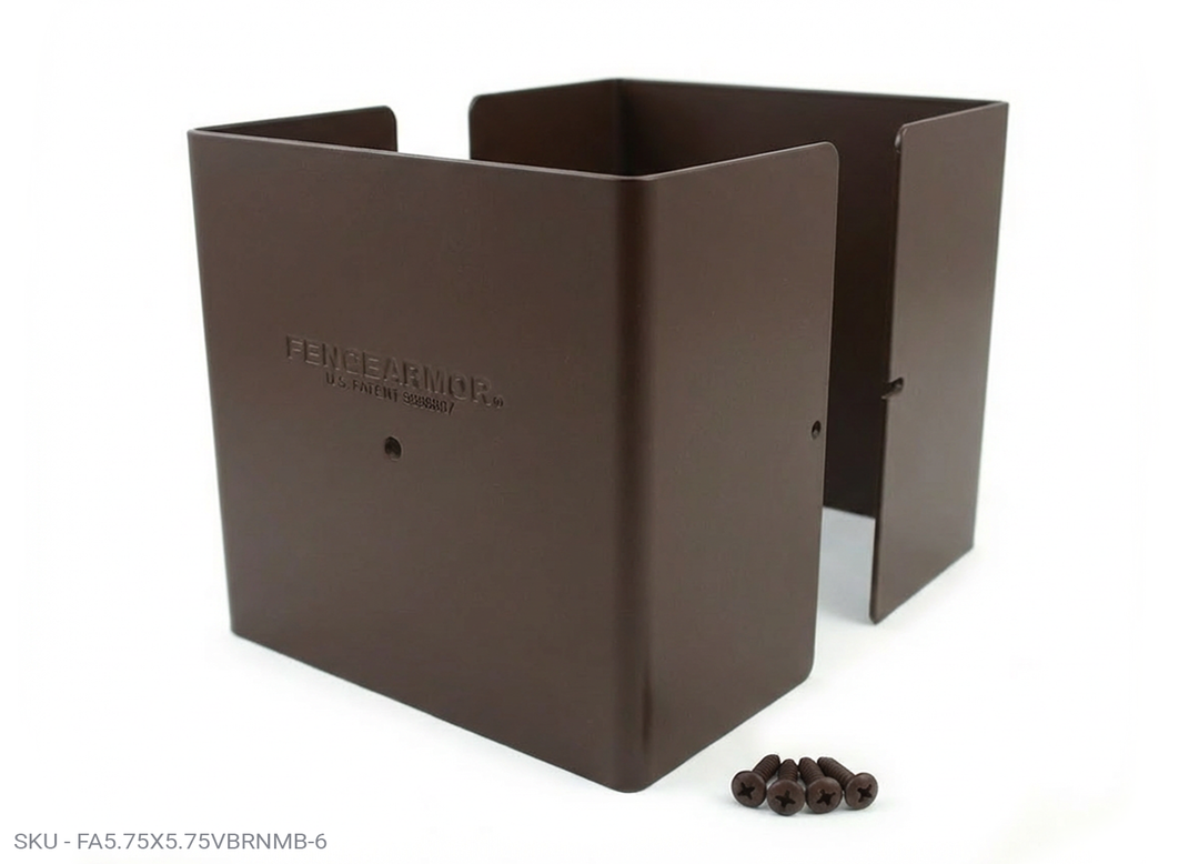 Fence Armor® Full-Protection Post Guard - 6″ Tall Upgrade 6″ Full-Protection Fence Post Guard — Repair & Protect Wood Posts 5.75˝ x 5.75˝ / Brown Pro Series - Pairs Fence Armor