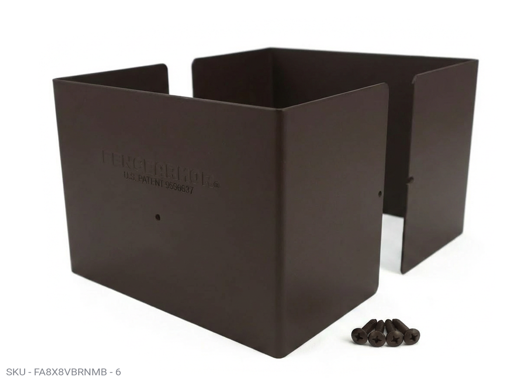 Fence Armor® Full-Protection Post Guard - 6″ Tall Upgrade 6″ Full-Protection Fence Post Guard — Repair & Protect Wood Posts 8.00˝ x 8.00˝ / Brown Pro Series - Pairs Fence Armor