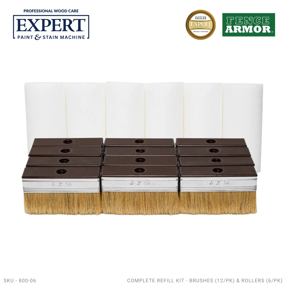 EXPERT Stain Machine Refill Kit – Complete Brush & Roller Replacement Set EXPERT Stain Machine Refill Kit – 12 Brushes & 6 Rollers Replacement Fence Armor