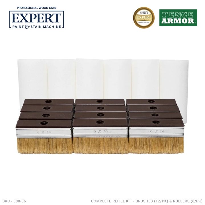 EXPERT Stain Machine Refill Kit – Complete Brush & Roller Replacement Set EXPERT Stain Machine Refill Kit – 12 Brushes & 6 Rollers Replacement Fence Armor