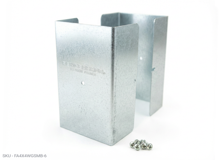 Fence Armor® Full-Protection Post Guard - 6″ Tall Upgrade 6″ Full-Protection Fence Post Guard — Repair & Protect Wood Posts 3.50˝ x 3.50˝ / Galv. Steel Pro Series - Pairs Fence Armor