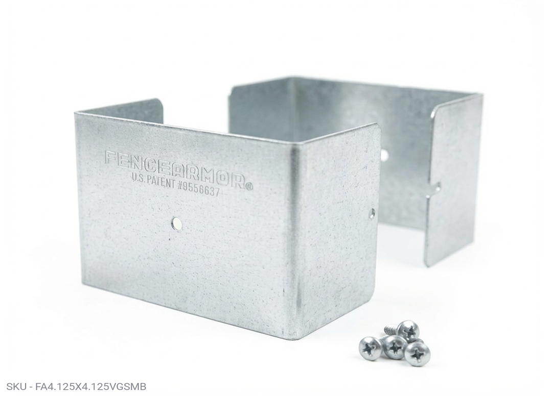 Fence Armor® Full-Protection Post Guard Fence Post Guard – Full Protection Steel Shield for Wood Posts 4.125˝ x 4.125˝ / Galv. Steel Fence Armor