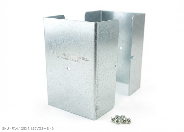 Fence Armor® Full-Protection Post Guard - 6″ Tall Upgrade 6″ Full-Protection Fence Post Guard — Repair & Protect Wood Posts 4.125" x 4.125" / Galv. Steel Pro Series - Pairs Fence Armor