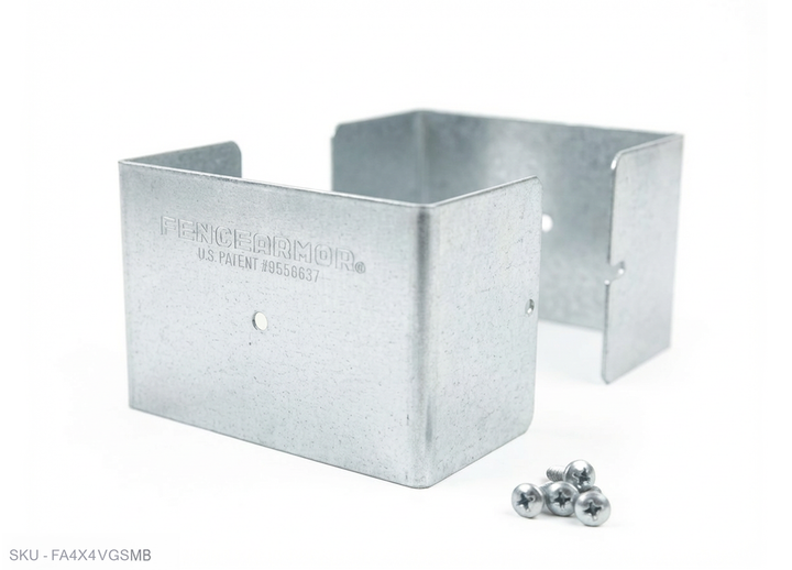 Fence Armor® Full-Protection Post Guard Fence Post Guard – Full Protection Steel Shield for Wood Posts 4.00˝ x 4.00˝ / Galv. Steel Fence Armor