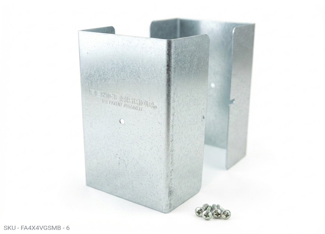 Fence Armor® Full-Protection Post Guard - 6″ Tall Upgrade 6″ Full-Protection Fence Post Guard — Repair & Protect Wood Posts 4.00˝ x 4.00˝ / Galv. Steel Pro Series - Pairs Fence Armor