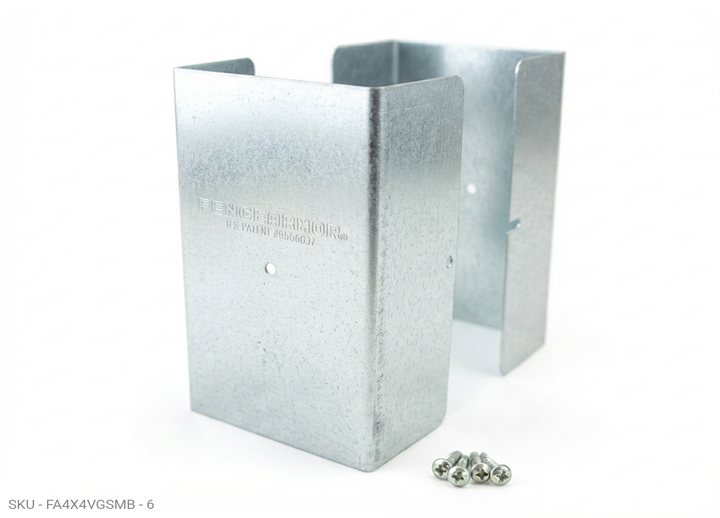 Fence Armor® Full-Protection Post Guard - 6″ Tall Upgrade 6″ Full-Protection Fence Post Guard — Repair & Protect Wood Posts 4.00˝ x 4.00˝ / Galv. Steel Pro Series - Pairs Fence Armor