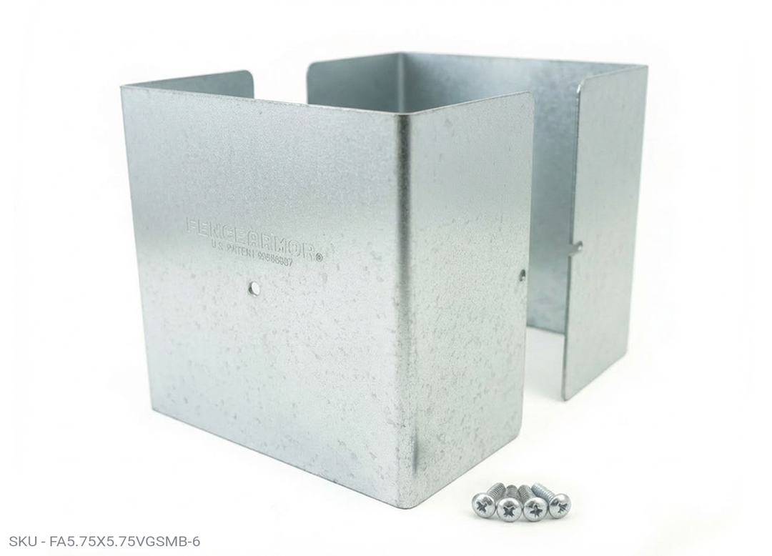 Fence Armor® Full-Protection Post Guard - 6″ Tall Upgrade 6″ Full-Protection Fence Post Guard — Repair & Protect Wood Posts 5.75˝ x 5.75˝ / Galv. Steel Pro Series - Pairs Fence Armor