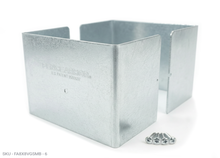 Fence Armor® Full-Protection Post Guard - 6″ Tall Upgrade 6″ Full-Protection Fence Post Guard — Repair & Protect Wood Posts 8.00˝ x 8.00˝ / Galv. Steel Pro Series - Pairs Fence Armor