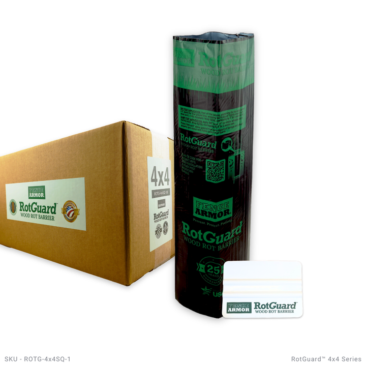 RotGuard™ 4x4 Series – Ground-Line Post Wrap RotGuard™ 4x4 Wood Post Wrap | Ground-Line Rot Barrier 4x4 Case of 100 RotGuard™ self-adhesive wrap - Rot Barrier Fence Armor