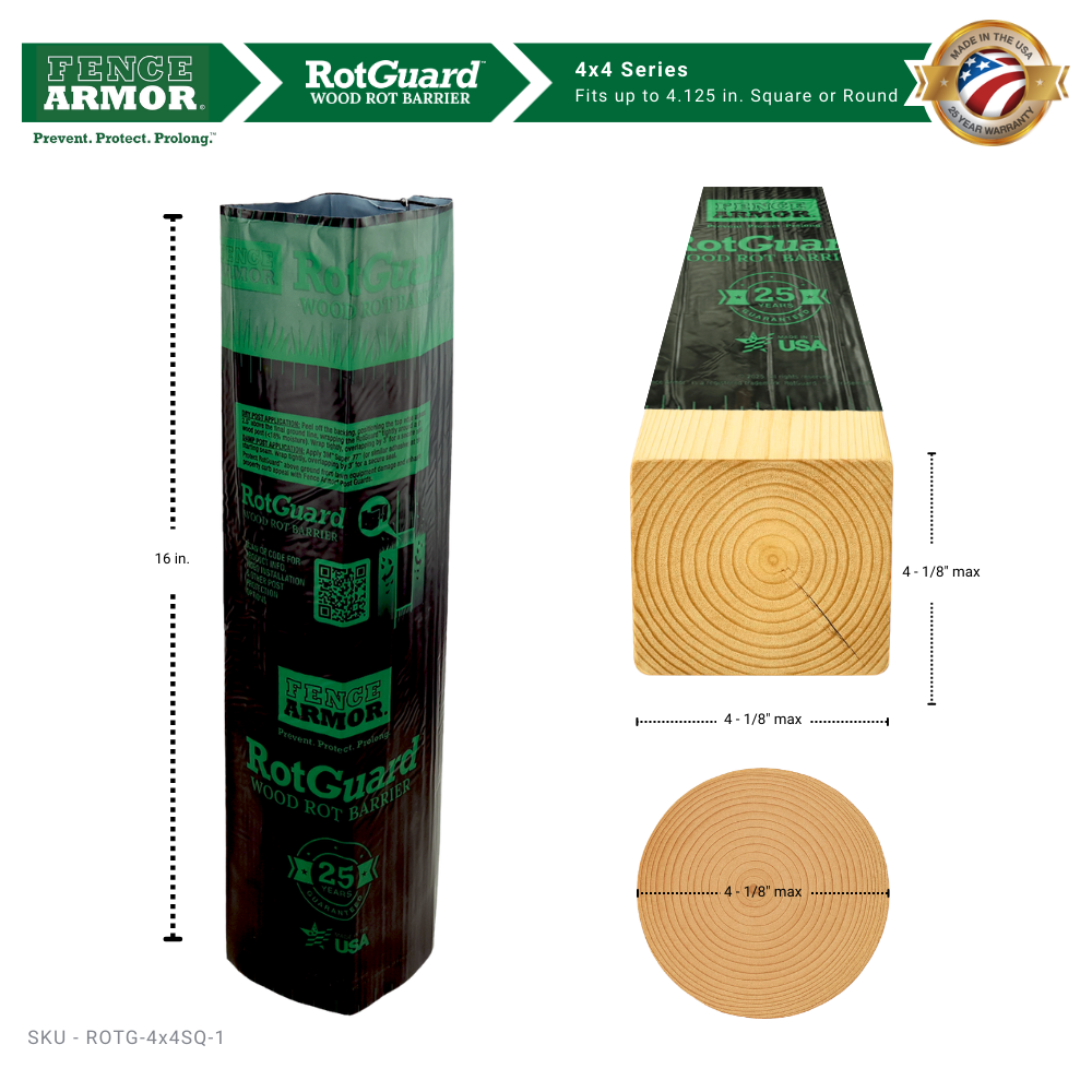 RotGuard™ 4x4 Series – Ground-Line Post Wrap RotGuard™ 4x4 Wood Post Wrap | Ground-Line Rot Barrier RotGuard™ self-adhesive wrap - Rot Barrier Fence Armor