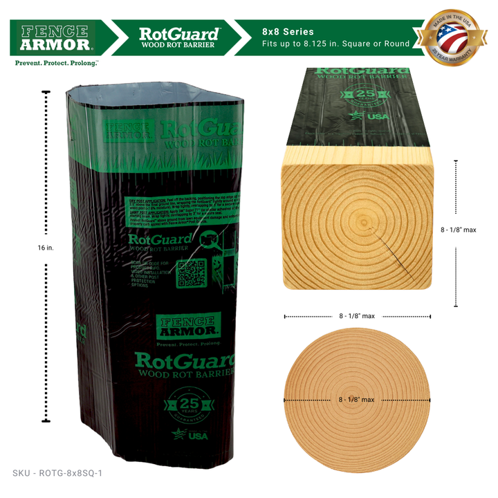 RotGuard™ 8x8 Series – Ground-Line Post Wrap RotGuard™ 8x8 Series – Heavy-Duty Ground-Line Post Wrap RotGuard™ self-adhesive wrap - Rot Barrier Fence Armor