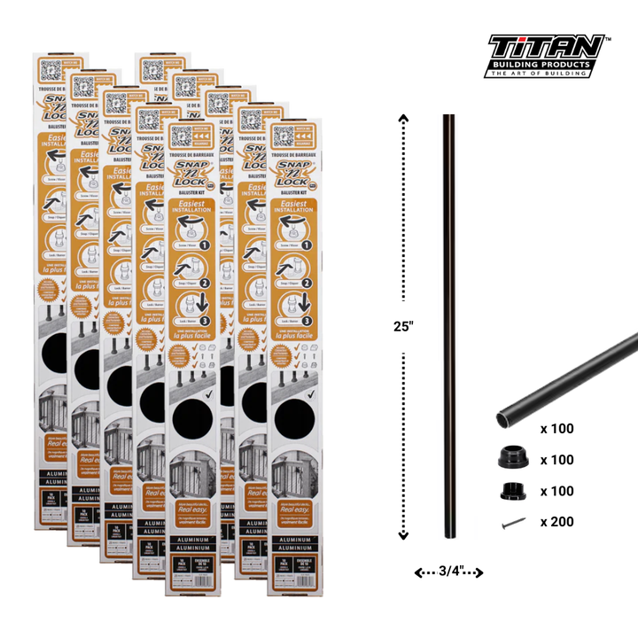 Titan Baluster Kits (Snap ‘n Lock™) Titan Aluminum Deck Baluster Kits | Fence Armor Snap n' Lock Kit-25" Long (100 Pack) / Black Round Baluster Kit Titan Fence Armor