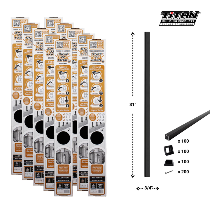 Titan Baluster Kits (Snap ‘n Lock™) Titan Aluminum Deck Baluster Kits | Fence Armor Snap n' Lock Kit-31" Long (100 Pack) / Black Square Baluster Kit Titan Fence Armor